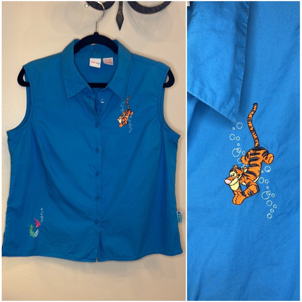 Vintage ALOHA Disney Tiger Blue Sleeveless Button Down Shirt with Collar -‎ XL